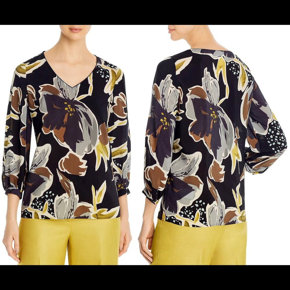 Lafayette 148 New York Black, Brown & Yellow Arnette Silk Floral Blouse XS